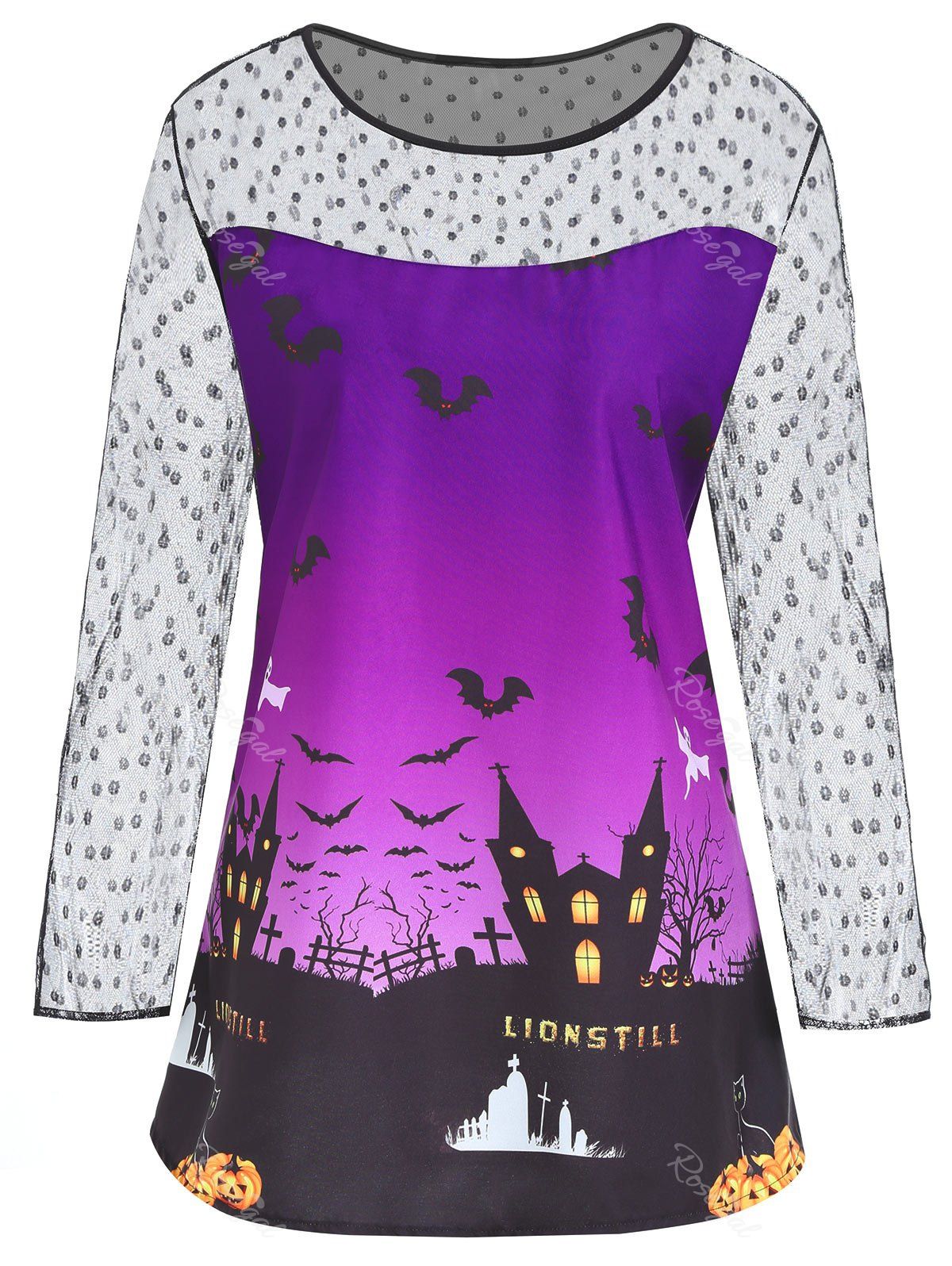 

Plus Size Halloween Castle Bat Print Lace Panel T-shirt, Purple