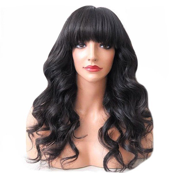 [39% OFF] Neat Bang Long Fluffy Wavy Human Hair Wig | Rosegal