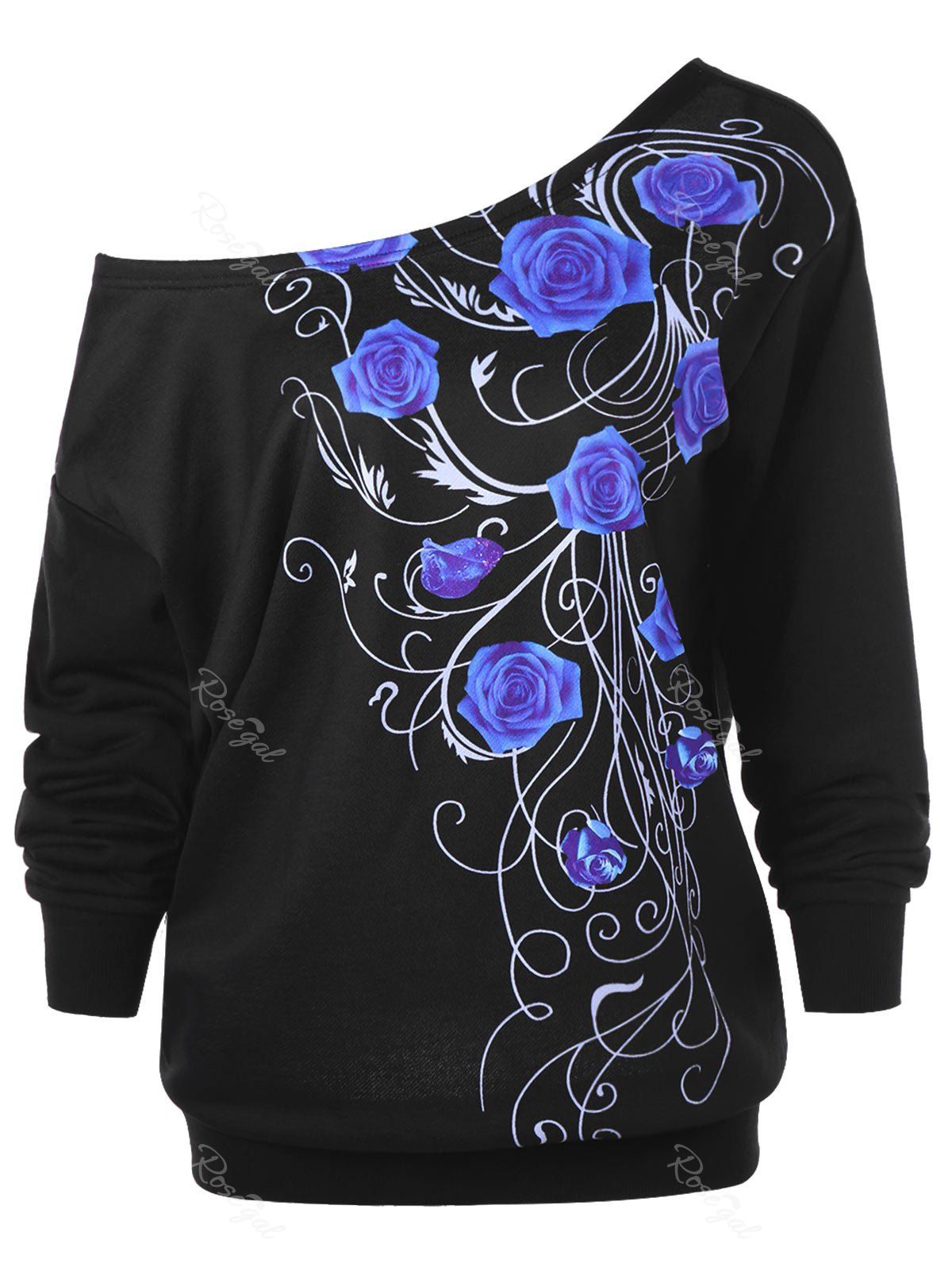 

Plus Size Floral Skew Neck Sweatshirt, Black