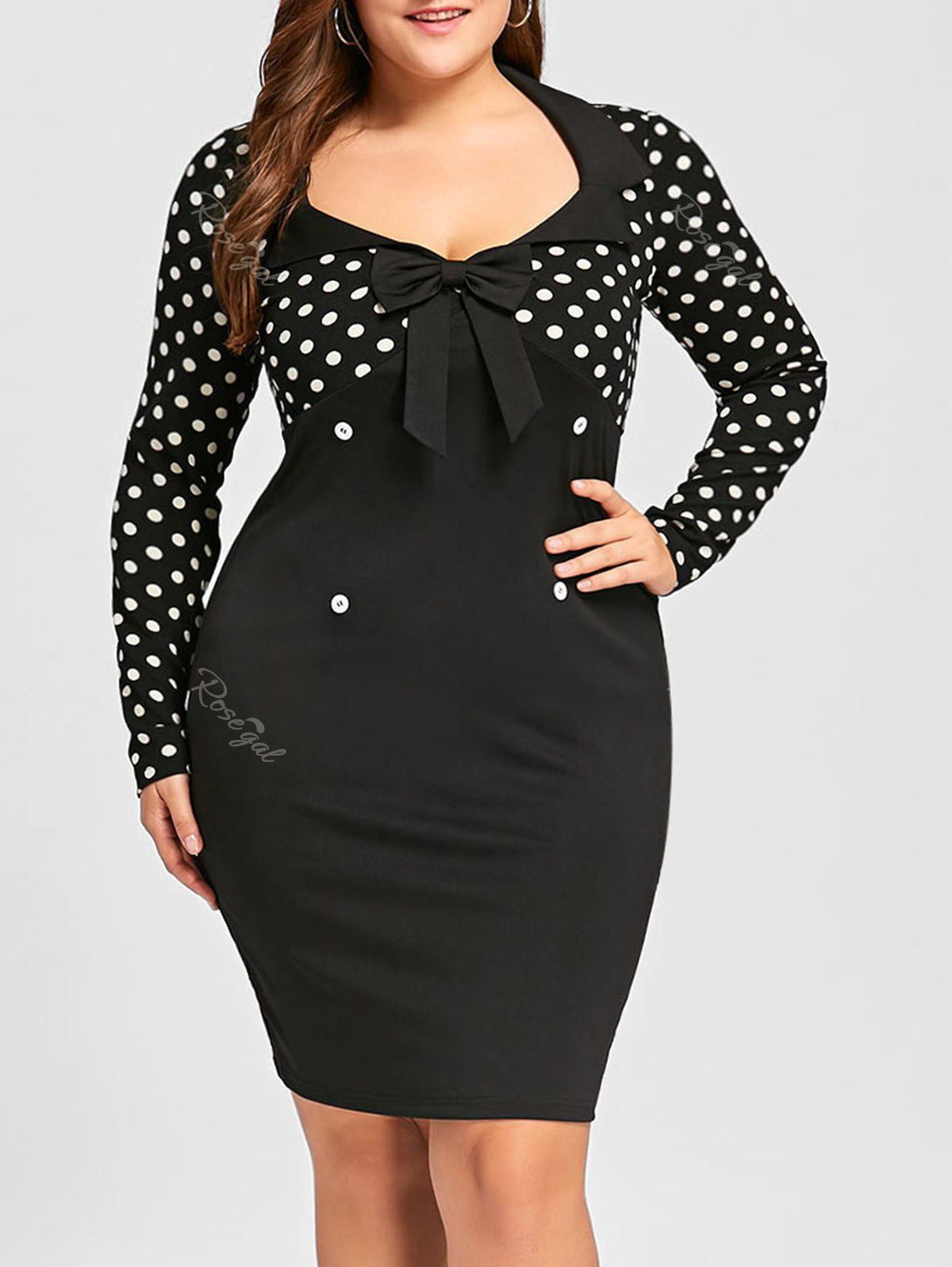 

Plus Size Work Long Sleeve Bowknot Wave Point Sheath Dress, White and black