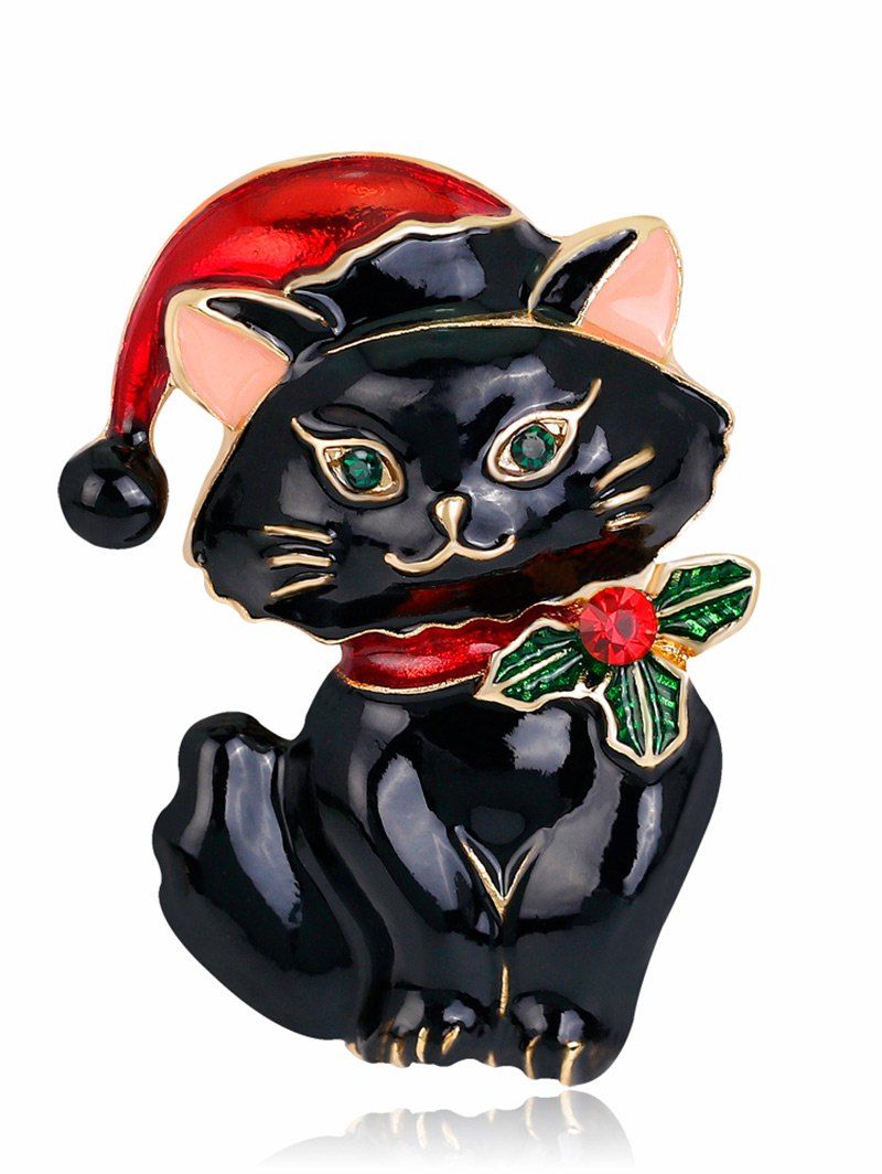 

Rhinestone Kitten Christmas Hat Brooch, Black