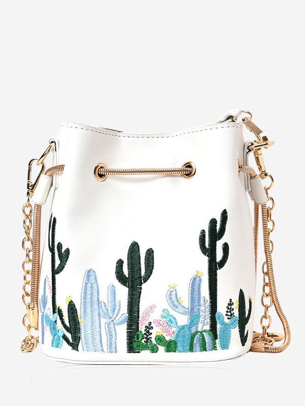 

Chain Embroidery Drawstring Crossbody Bag, White