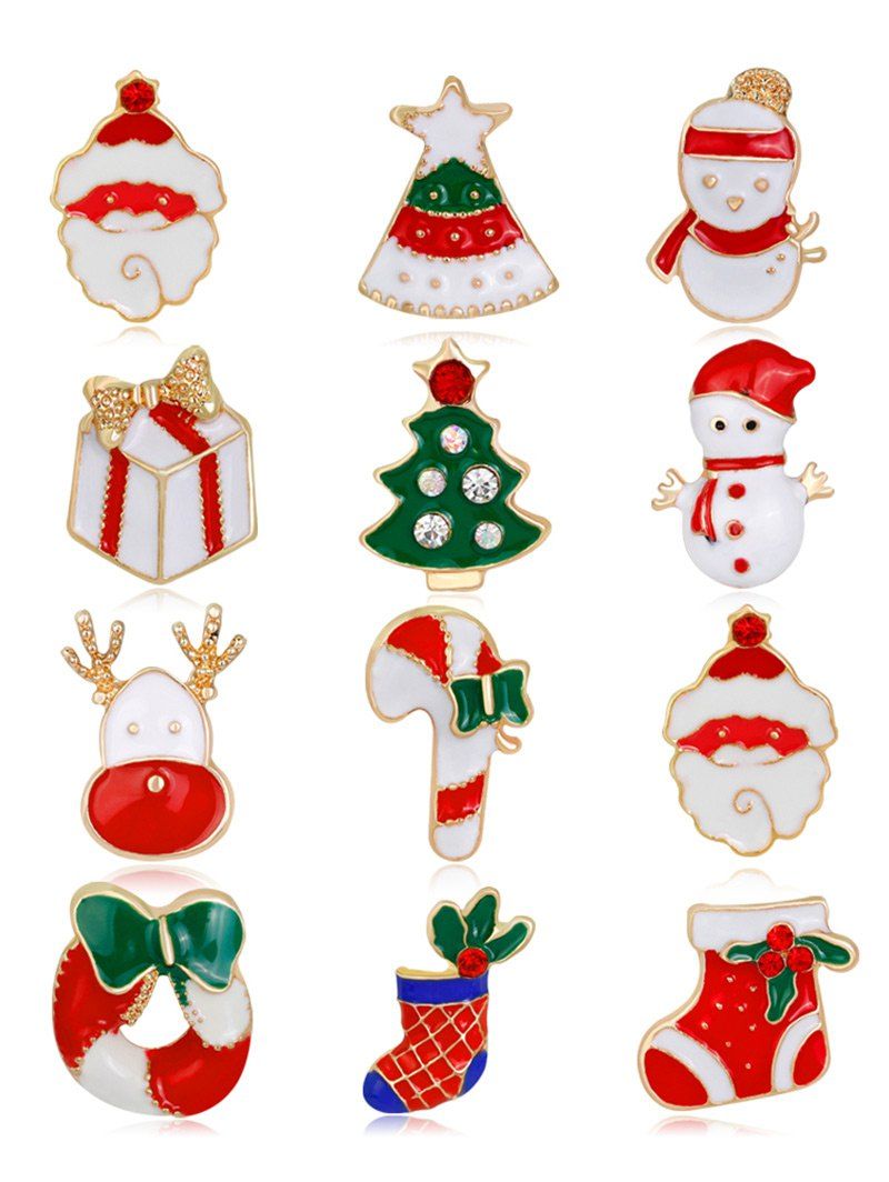 

12PCS Rhinestoned Christmas Santa Wreath Brooches, Colormix