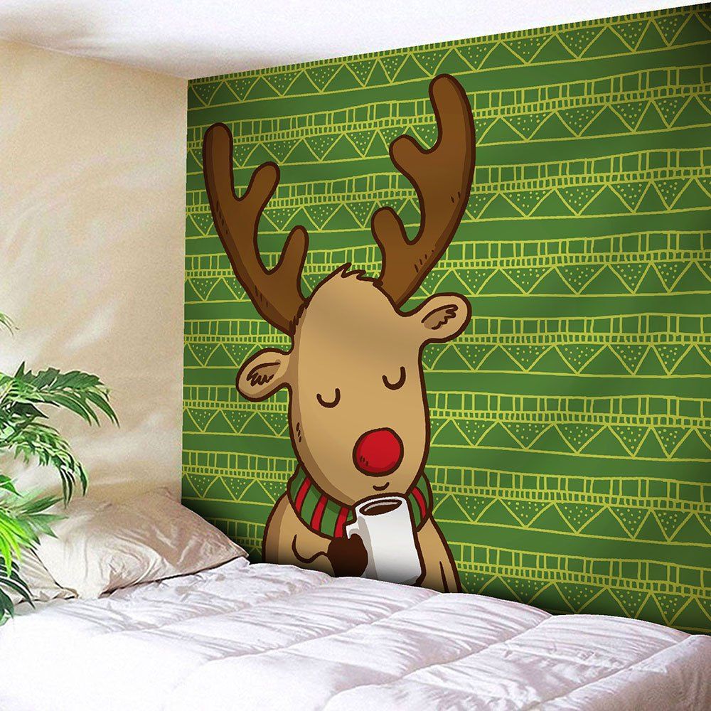 

Cartoon Deer Geometric Christmas Wall Tapestry, Green