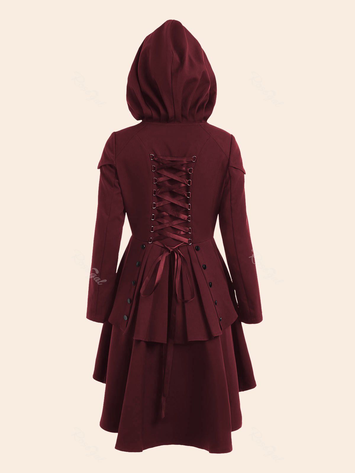 

Lace Up High Low Plus Size Hooded Coat, Wine red