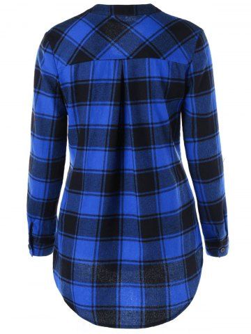 

Split Neck Curved Hem Plaid Blouse, Sapphire blue + black