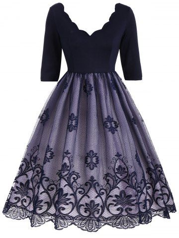 V Neck Floral Lace Panel Vintage Dress - Deep Blue - 2xl