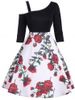Vintage Skew Neck Floral Print Dress -  