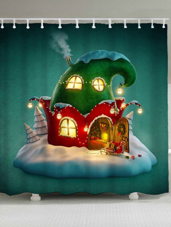 

Waterproof Christmas Cartoon House Bath Curtain, Green