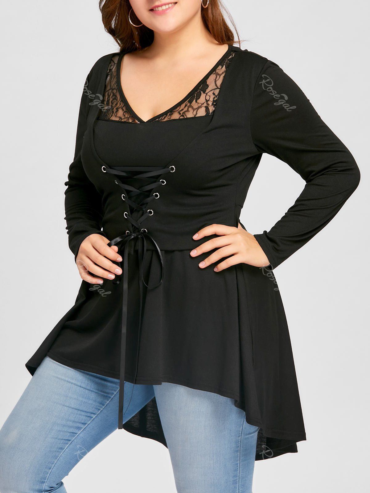 2018 Plus Size Lace Up High Low Gothic Top In Black Xl | Rosegal.com