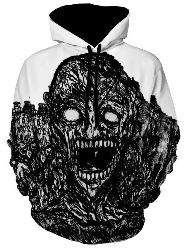 

Kangaroo Pocket Skull Print Halloween Hoodie, White