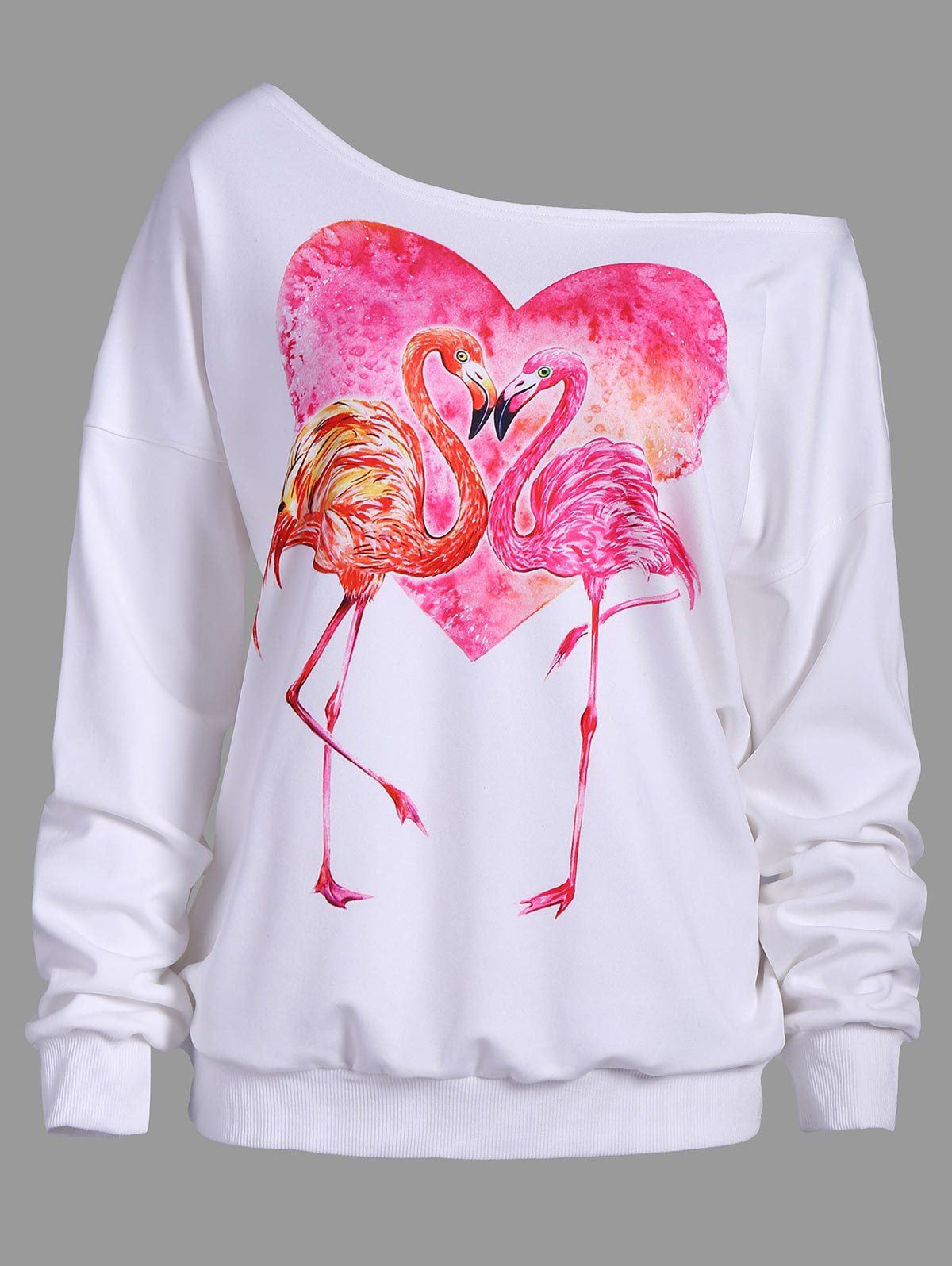 

Skew Neck Heart Flamingo Print Sweatshirt, White