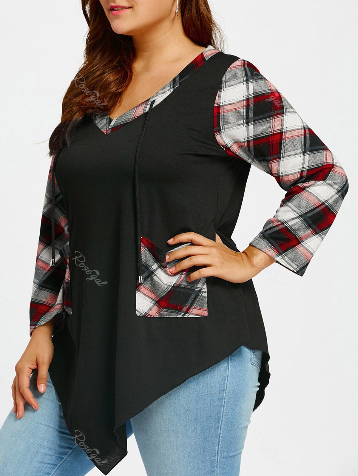 

Tartan Irregular Plus Size Long Sleeve T-shirt, Black