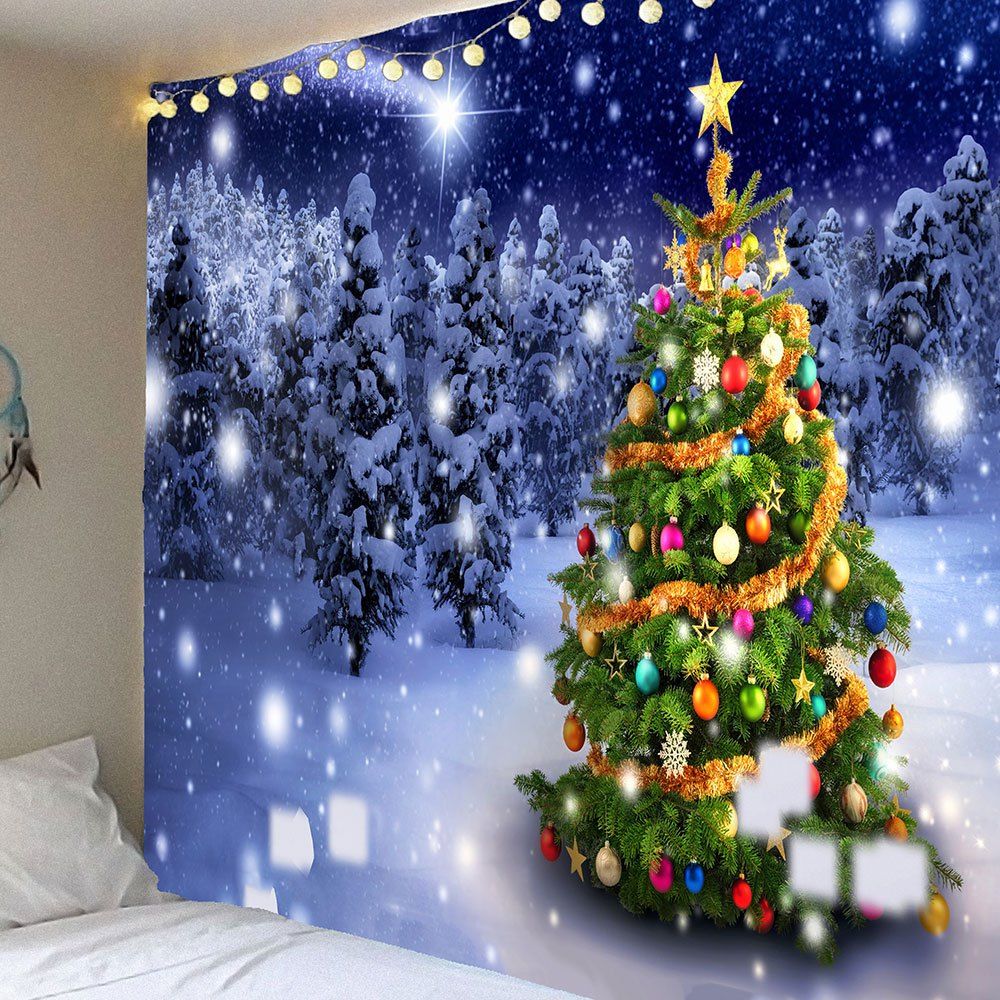 

Christmas Tree Night Snow Forest Printed Wall Tapestry, Colorful