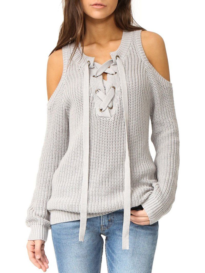 

Cold Shoulder Lace-up Sweater, Light gray