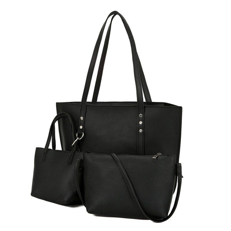 

3 Pieces Faux Leather Shoulder Bag Set, Black