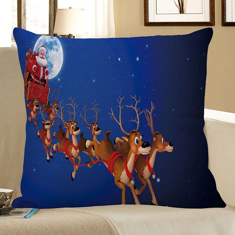 

Christmas Carriage Elk Printed Linen Pillow Case, Blue