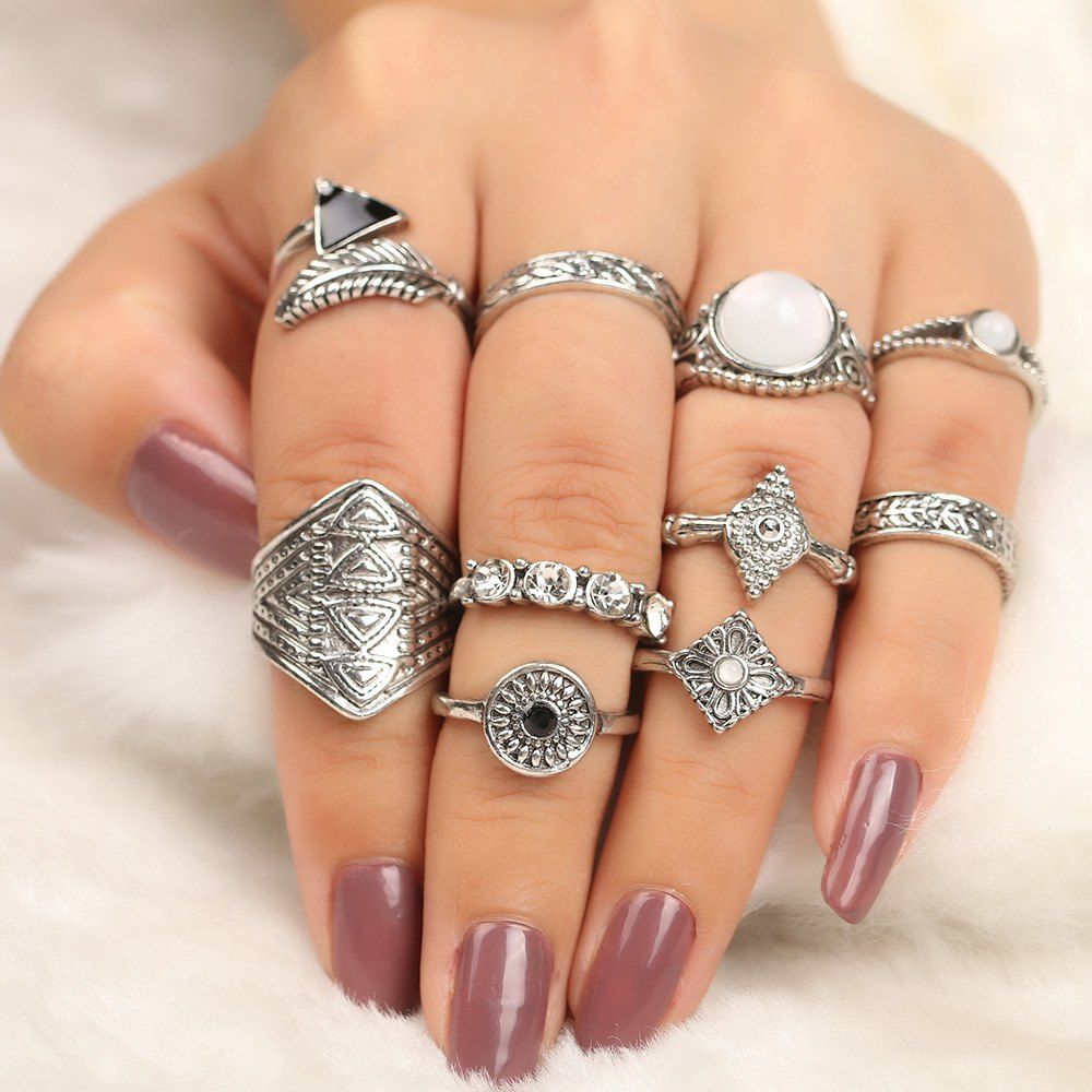 

10 Pieces Faux Gem Embellished Vintage Rings, Silver