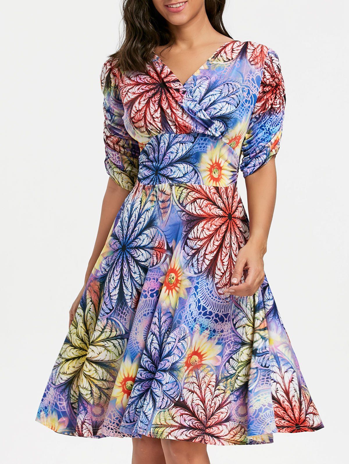 

V Neck Floral Midi Surplice Skater Dress, Purple