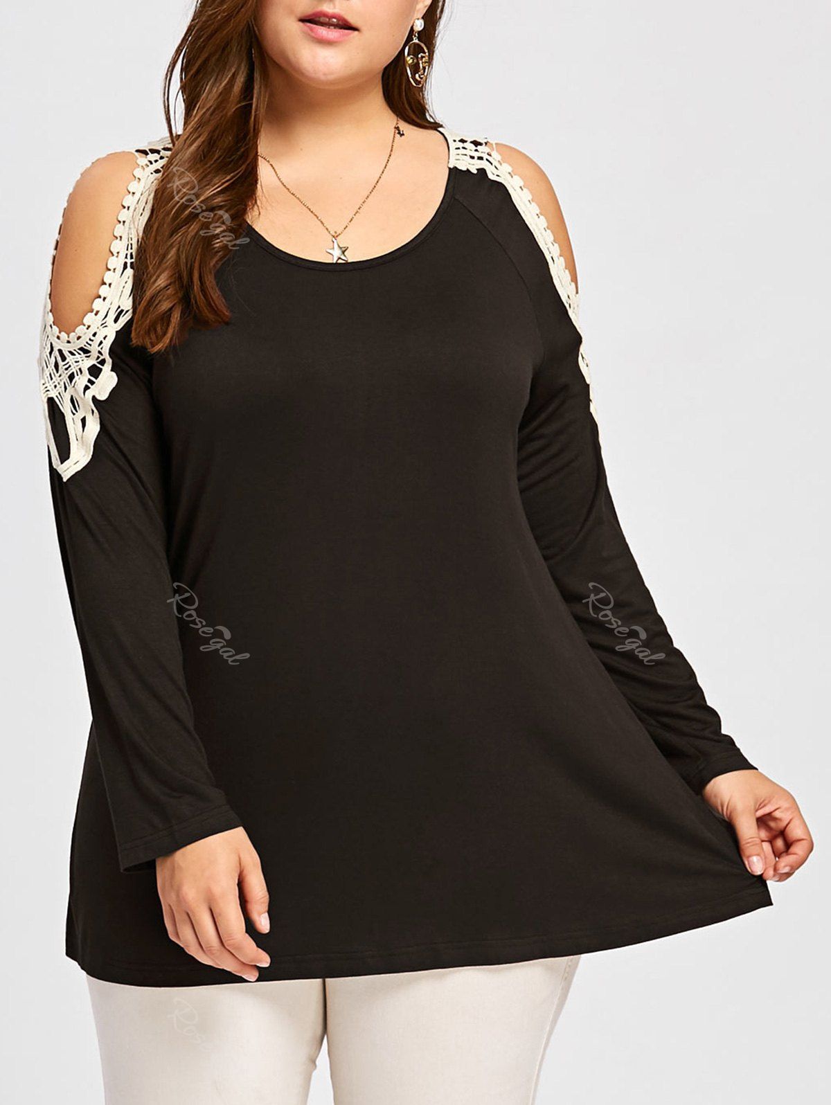 

Plus Size Lace Panel Long Sleeve Cold Shoulder Tee, Coffee