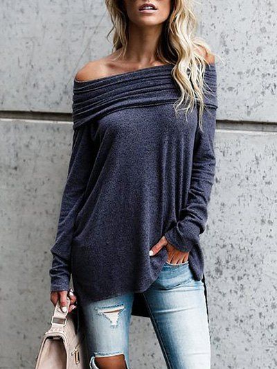 

High Low Off The Shoulder Tunic Top, Purplish blue