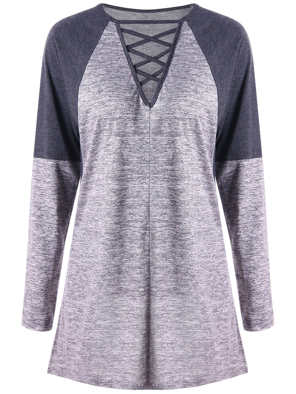 

Contrast Color Criss Cross Long Sleeve Top, Gray