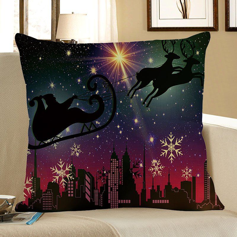 

Snow Night Santa Claus Reindeer Cart Throw Pillow Case, Colorful