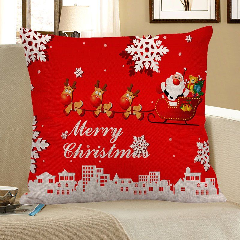 

Santa Claus Elk Cart Snowflakes Patterned Pillow Case, Bright red