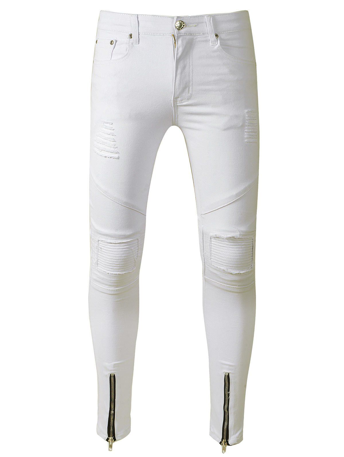 

Zip Hem Distressed Skinny Biker Jeans, White