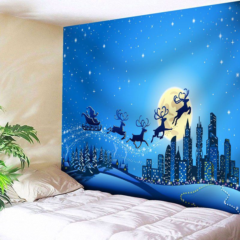 

Wall Decor Christmas Sled Moon Tapestry, Blue