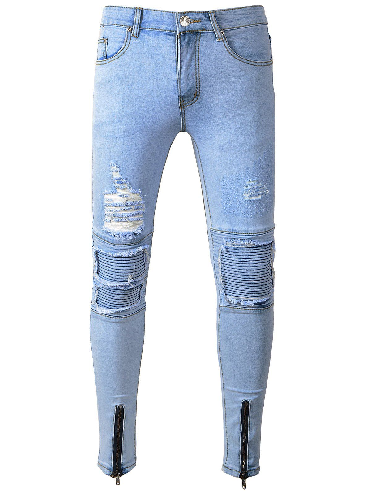 

Zip Hem Skinny Destroyed Biker Jeans, Light blue