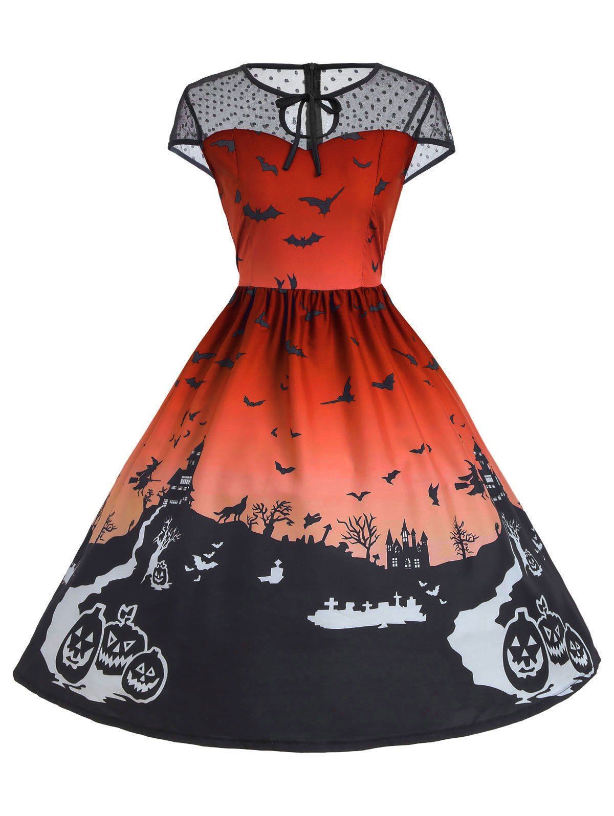 [33 OFF] Vintage Mesh Panel Halloween A Line Dress Rosegal