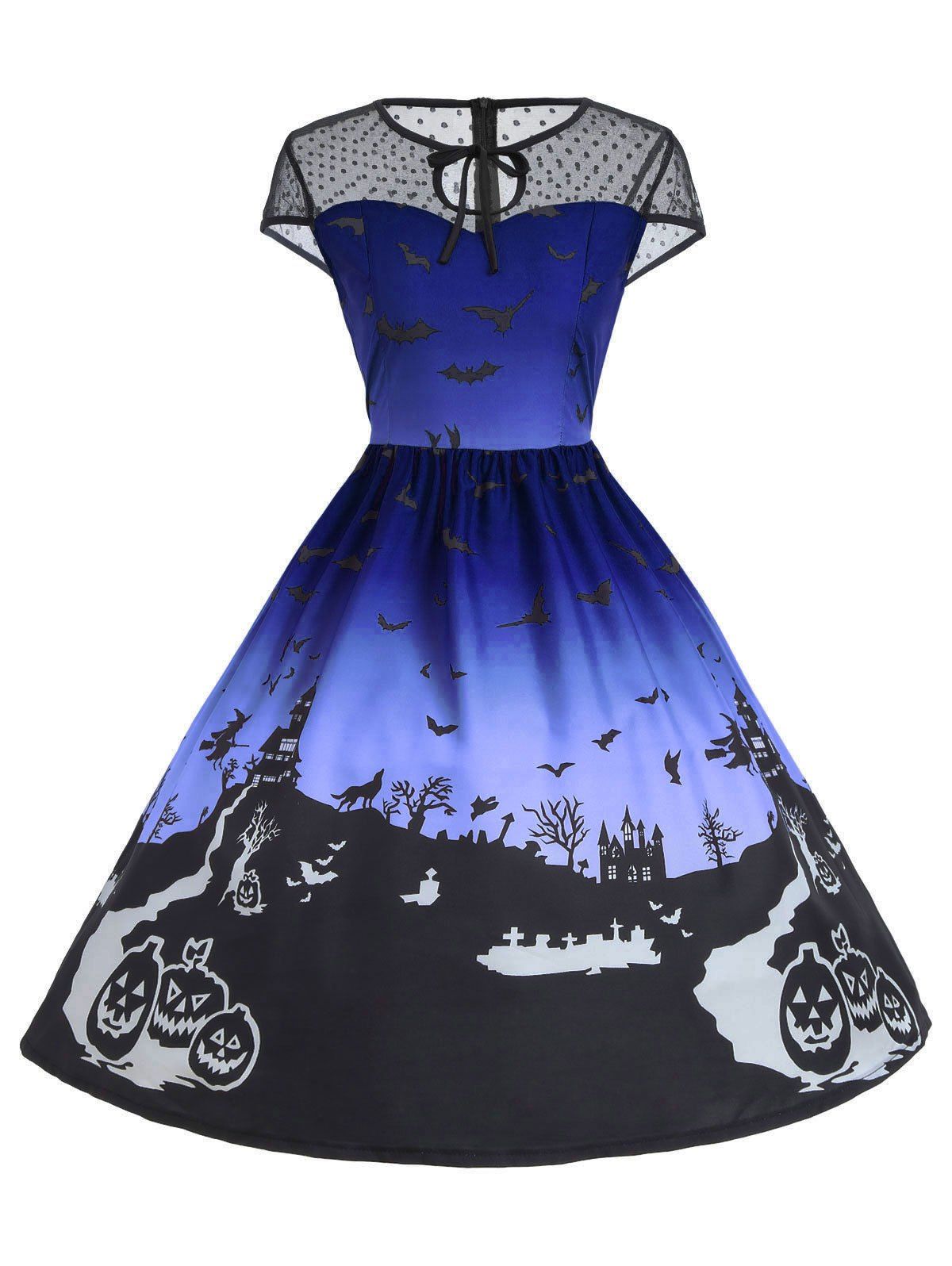 

Vintage Mesh Panel Halloween A Line Dress, Blue