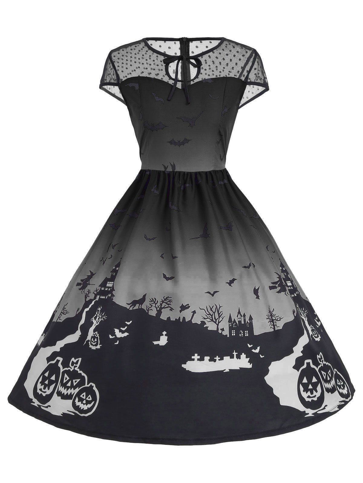 

Vintage Mesh Panel Halloween A Line Dress, Gray