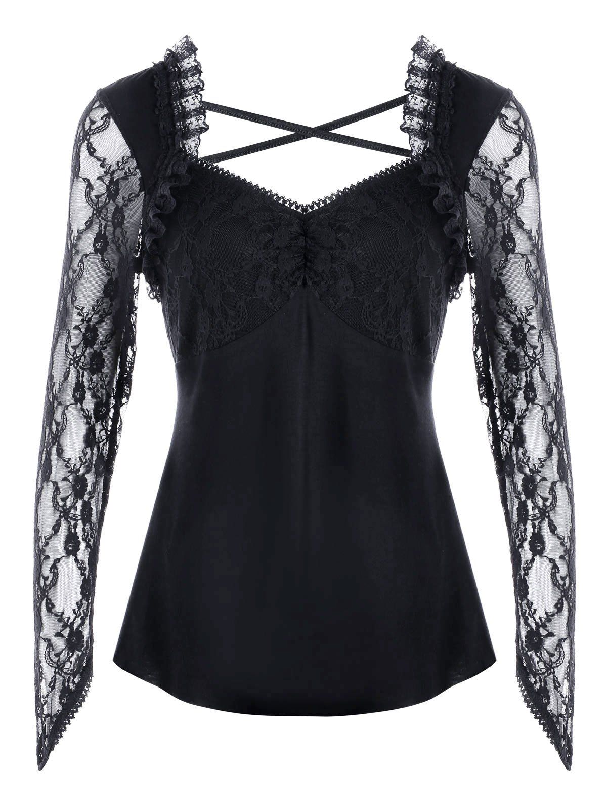 [77 OFF] Thumb Hole Lace Trim Open Back Top Rosegal