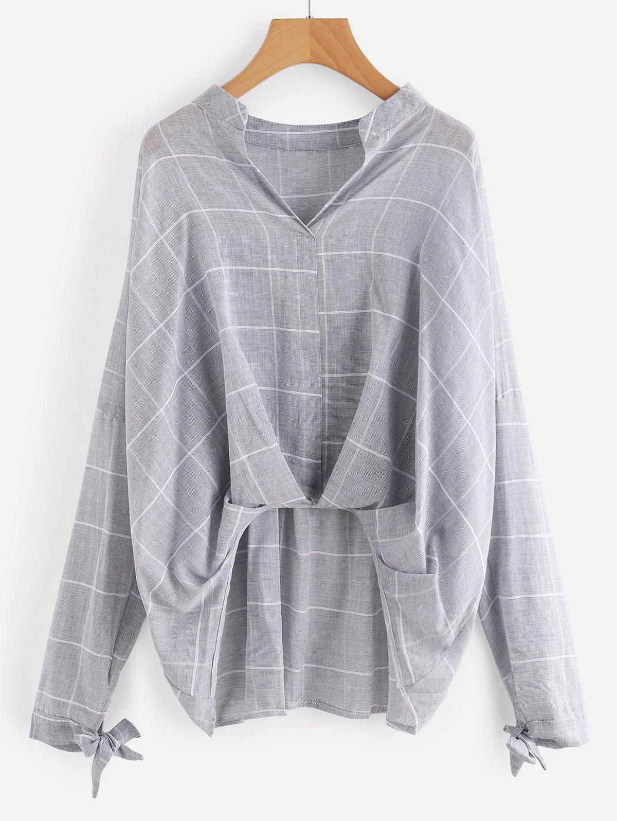 

Gathered Checked High Low Blouse, Gray