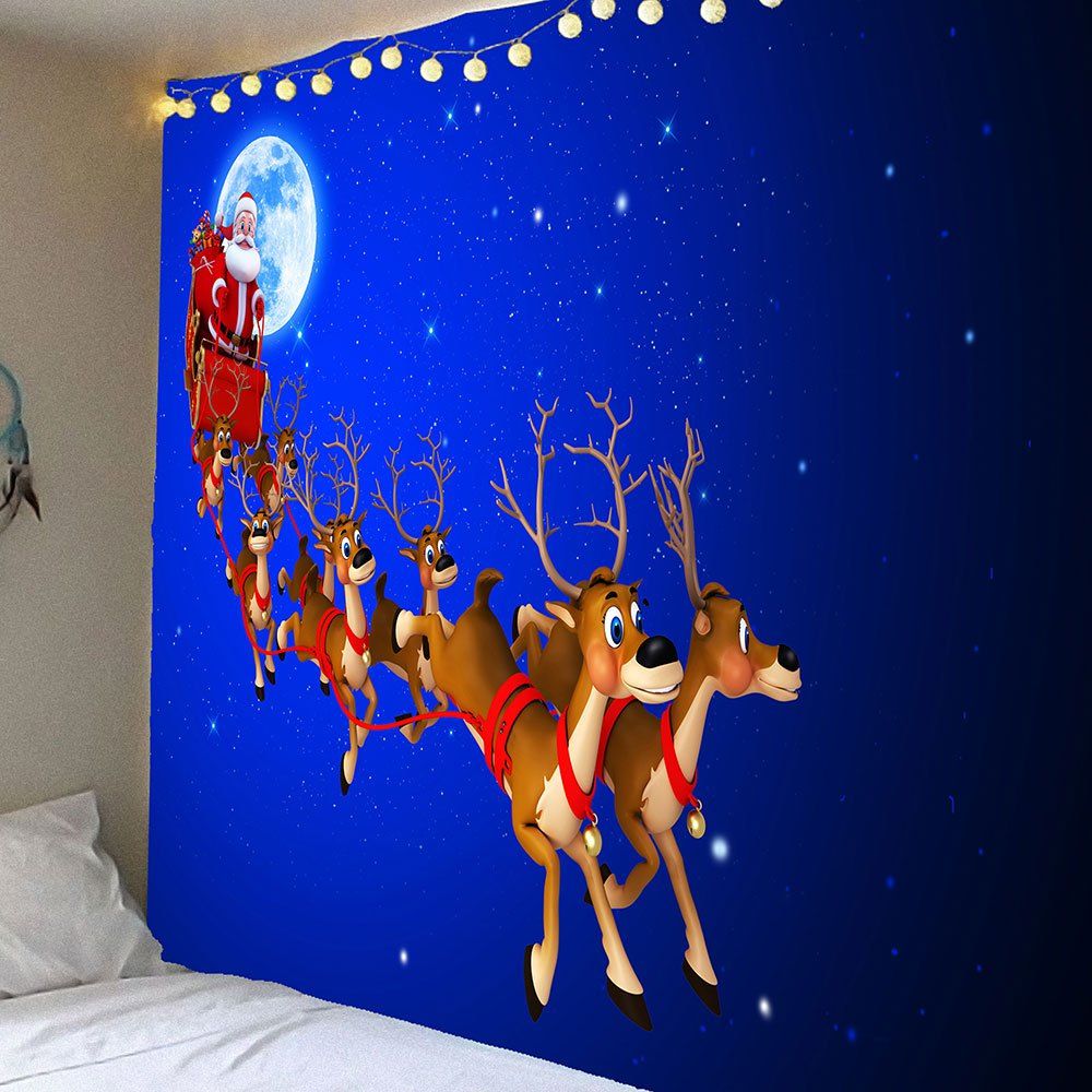 

Christmas Elk Wagon Pattern Waterproof Wall Art Tapestry, Blue
