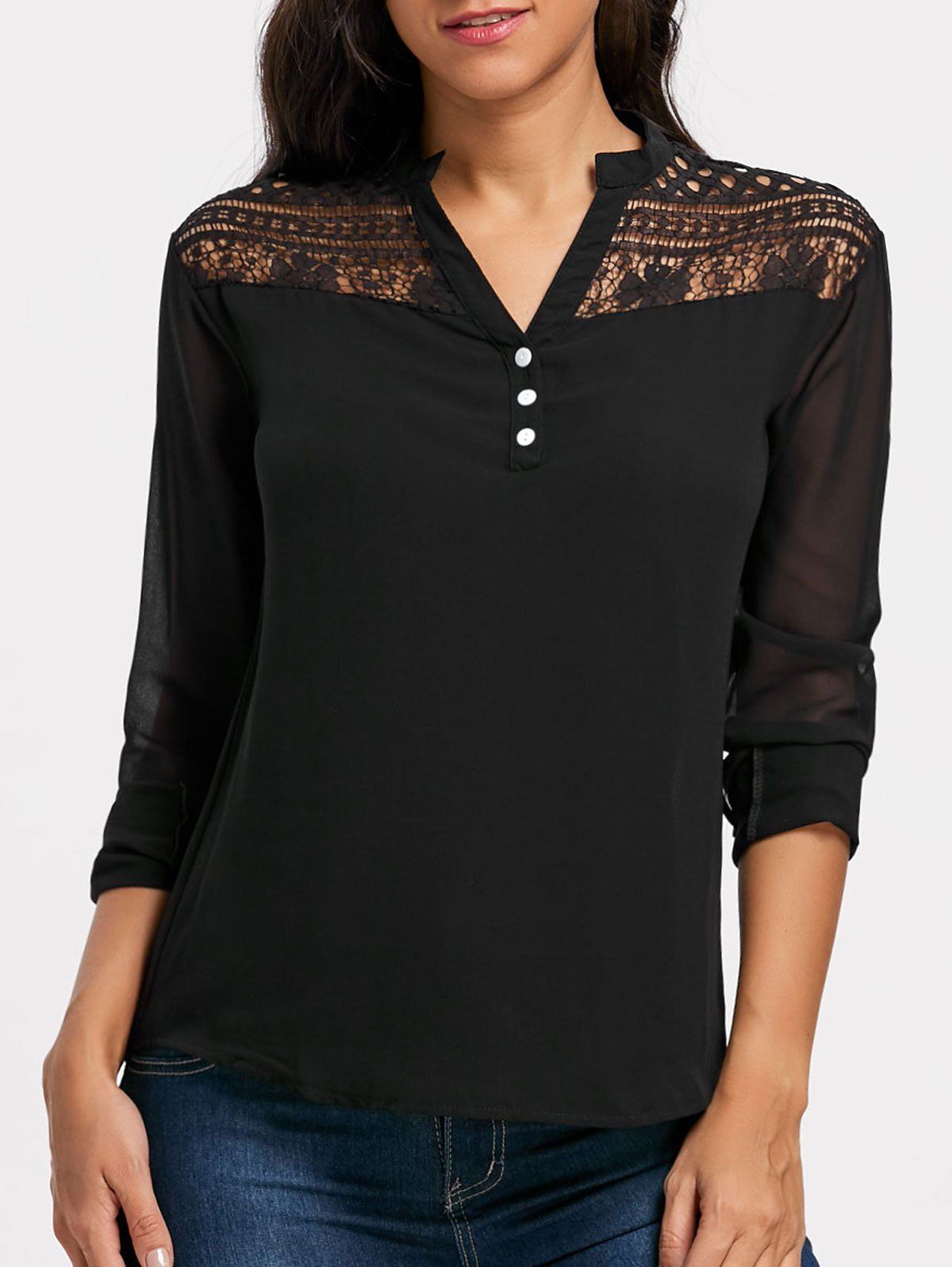 

Sheer Chiffon Lace Insert Henley Blouse, Black