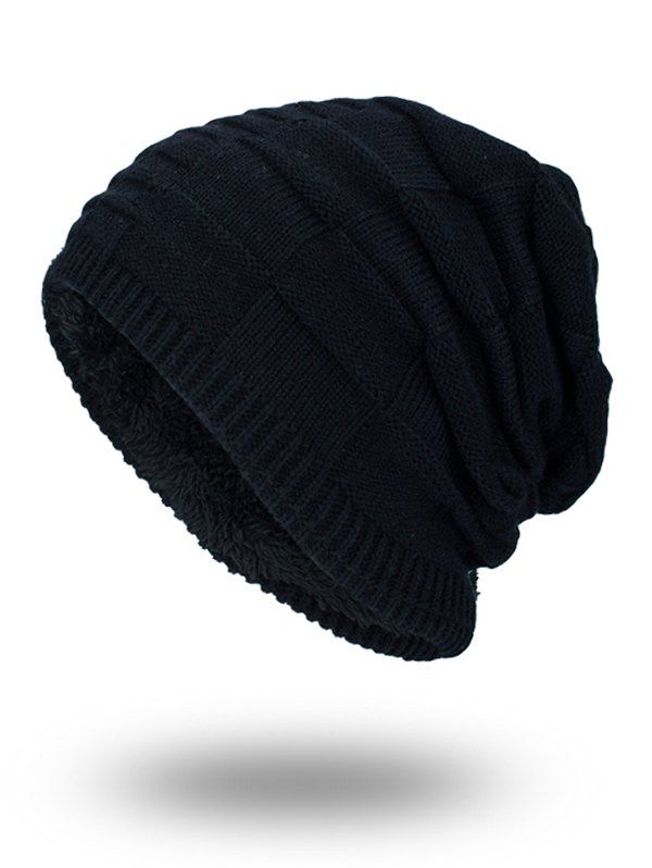 

Velvet Stripy Thicken Plaid Knitted Beanie, Black