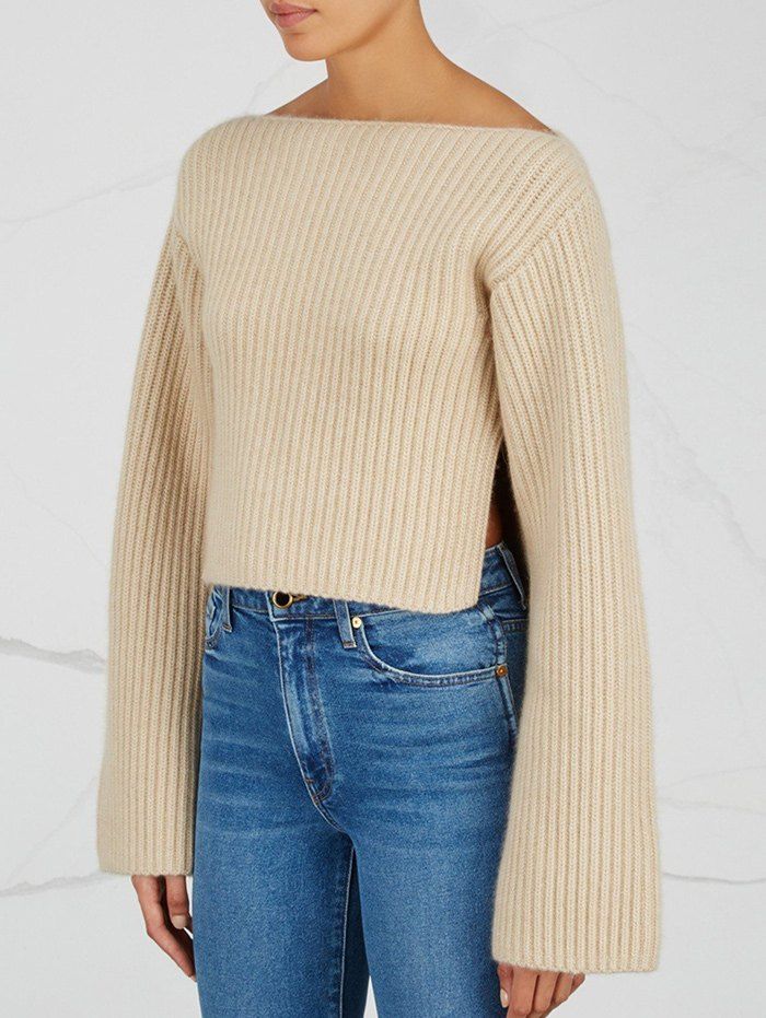 

Slash Neck Slit Sweater, Apricot
