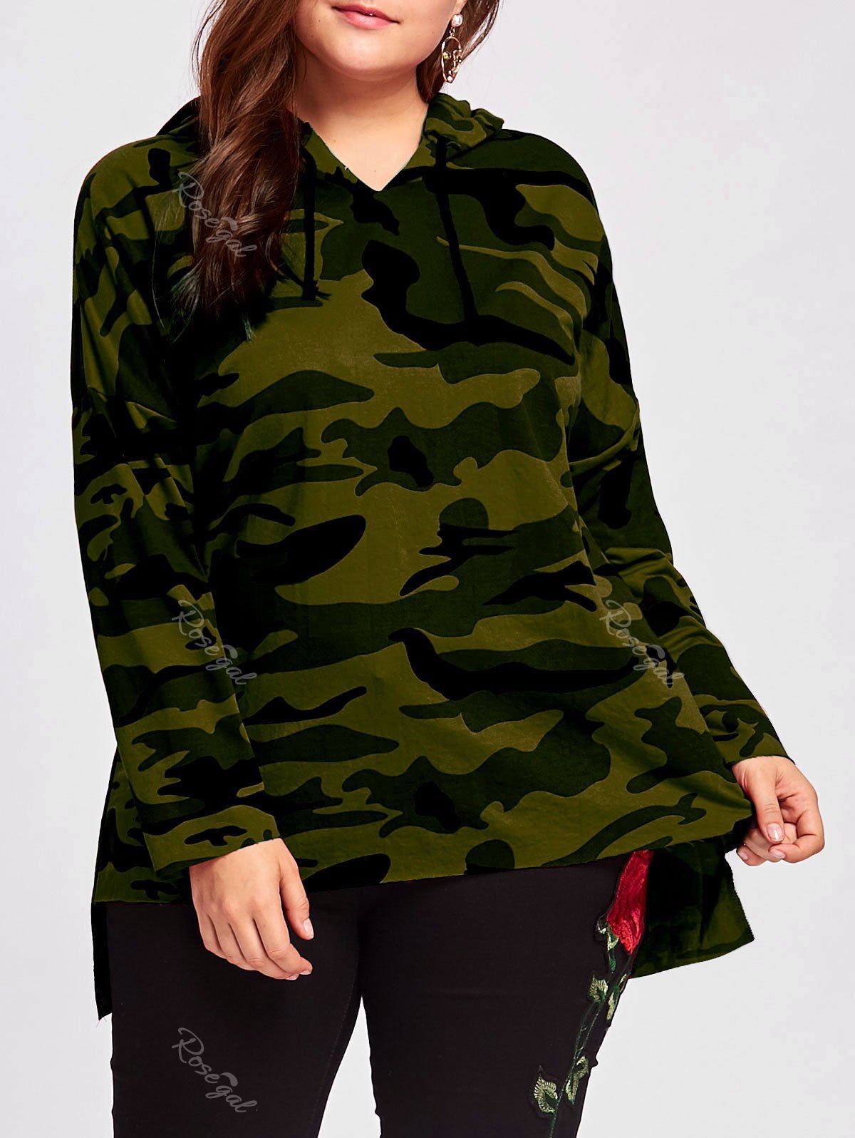 

Plus Size Long High Low Camo Printed Hoodie, Army green