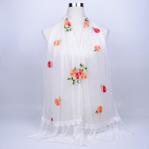 

Lace Fringe Floral Embrodiery Shawl Scarf, White