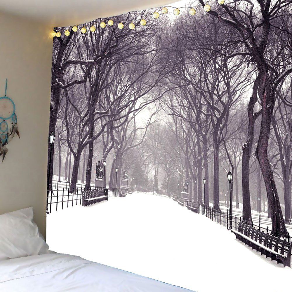 

Hanging Snow Covering Road Trees Wall Art Tapestry, Gray