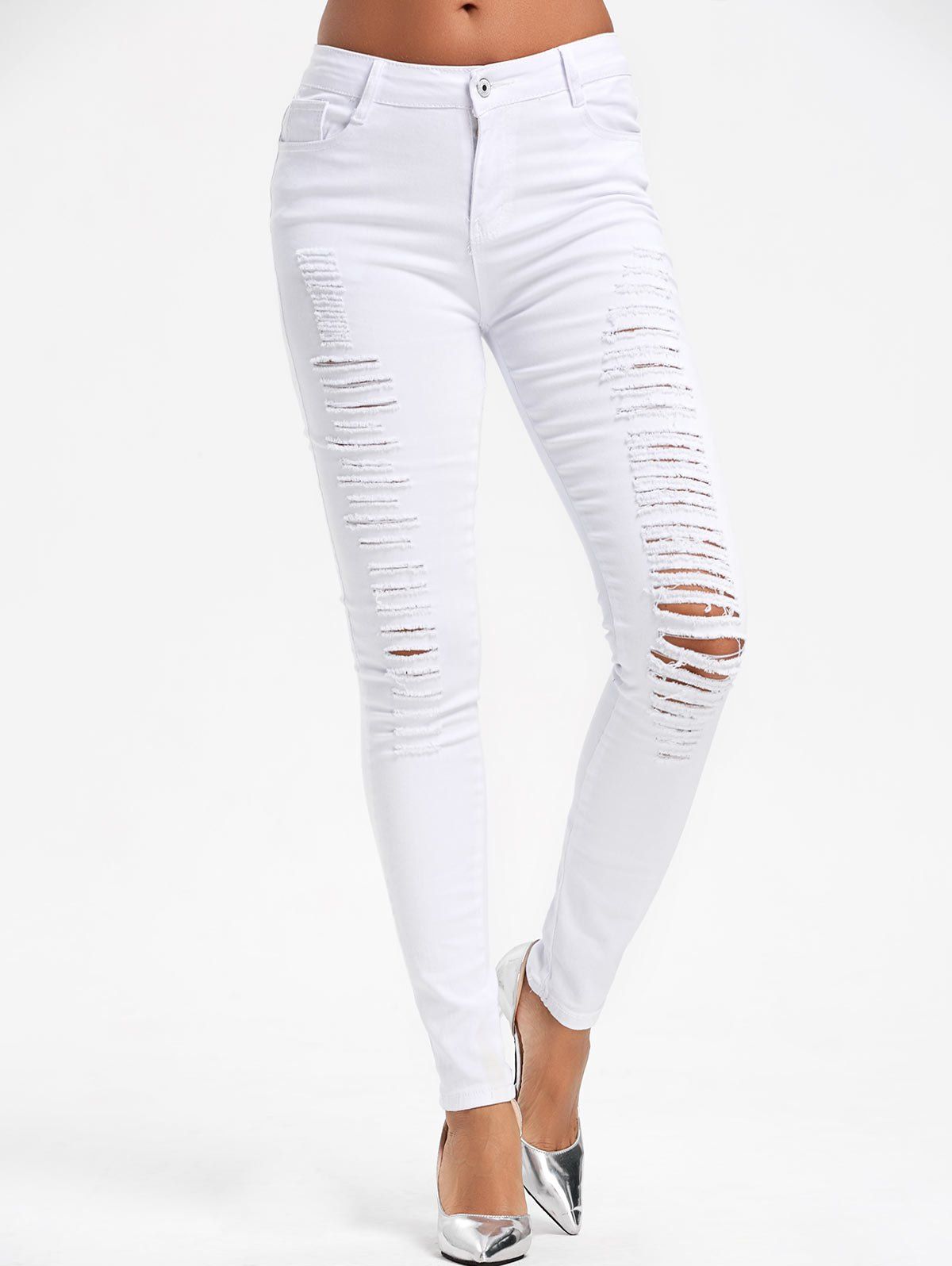 

High Waist Skinny Ripped Pants, White