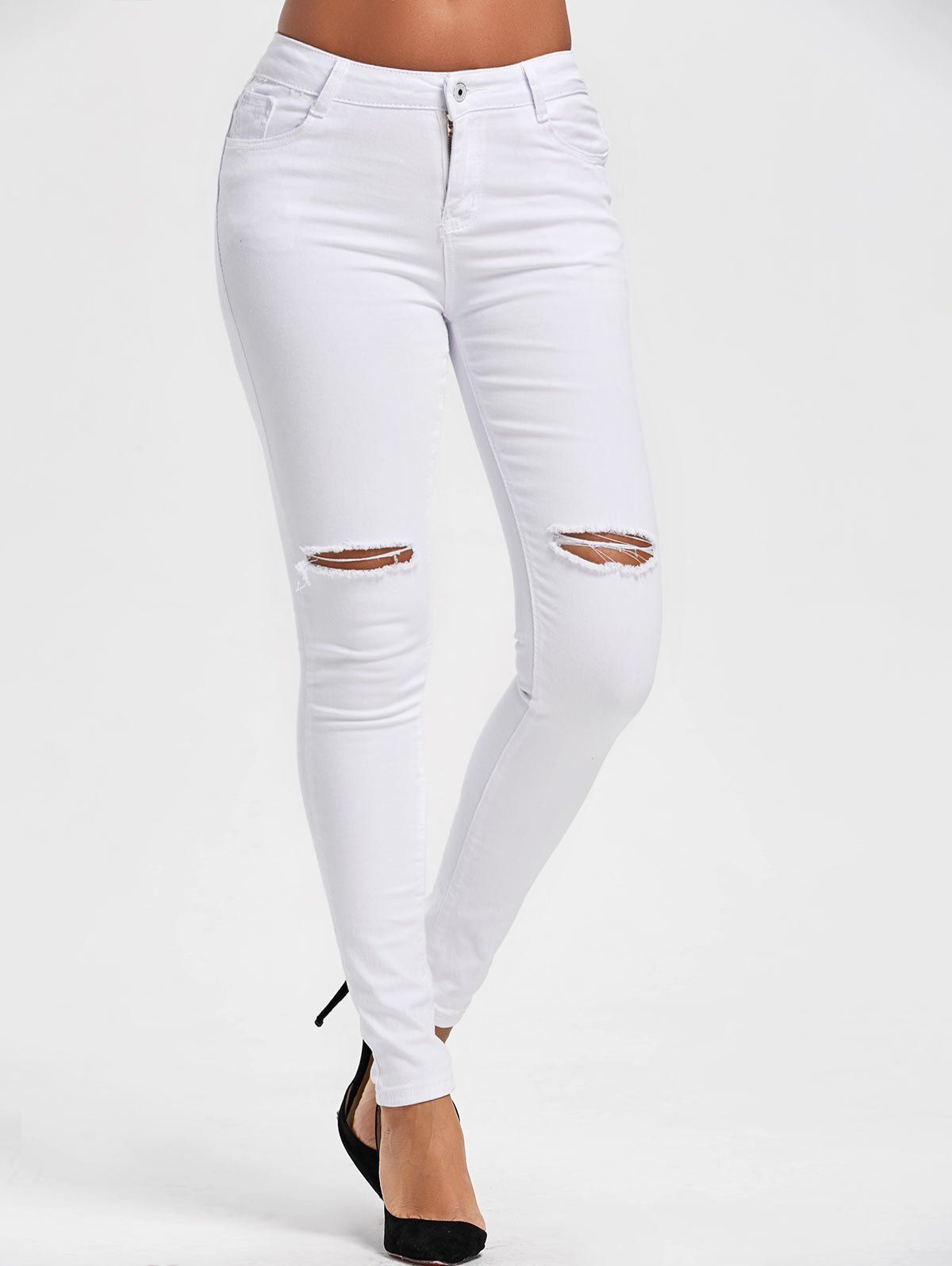 

High Waist Ripped Skinny Pants, White