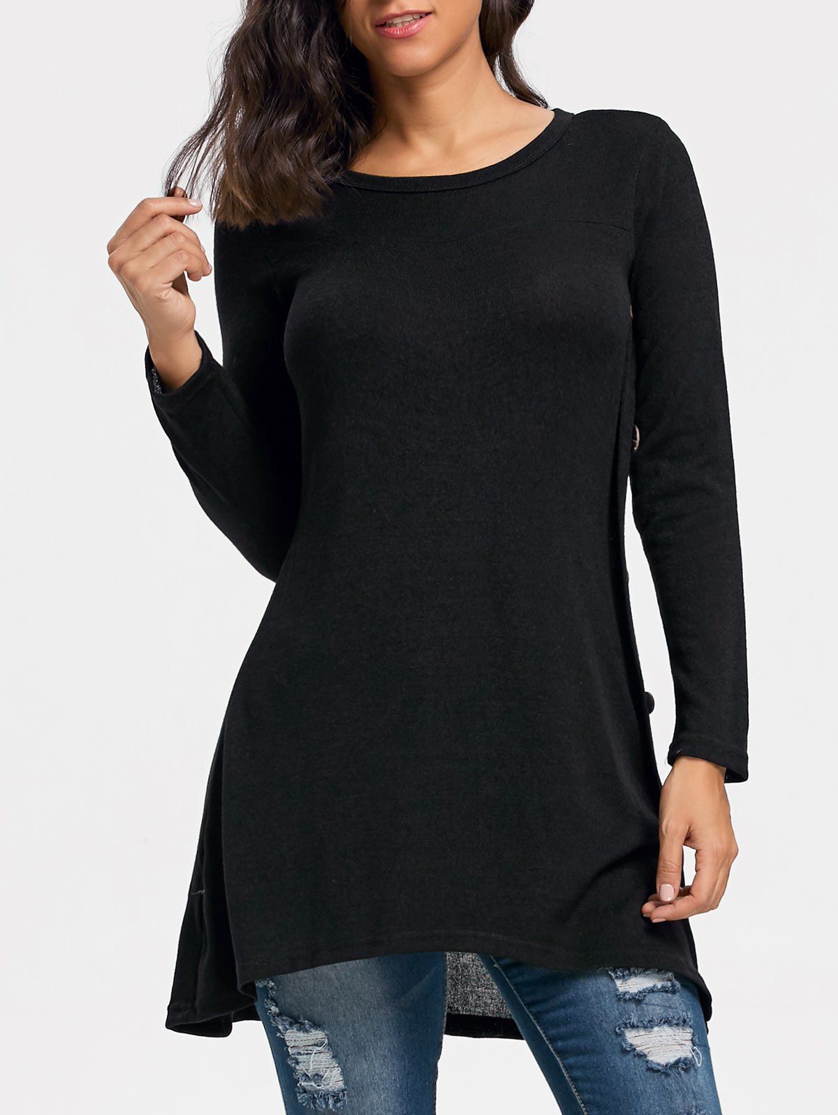 

Button High Low Tunic Sweater, Black