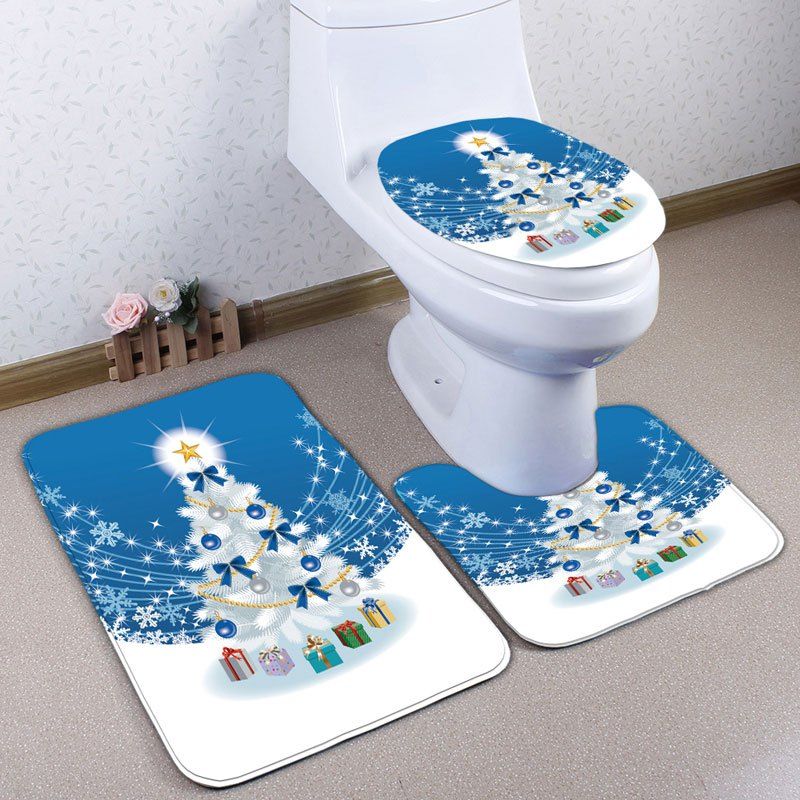 

3Pcs Christmas Tree Gift Flannel Bath Mats Set, Blue