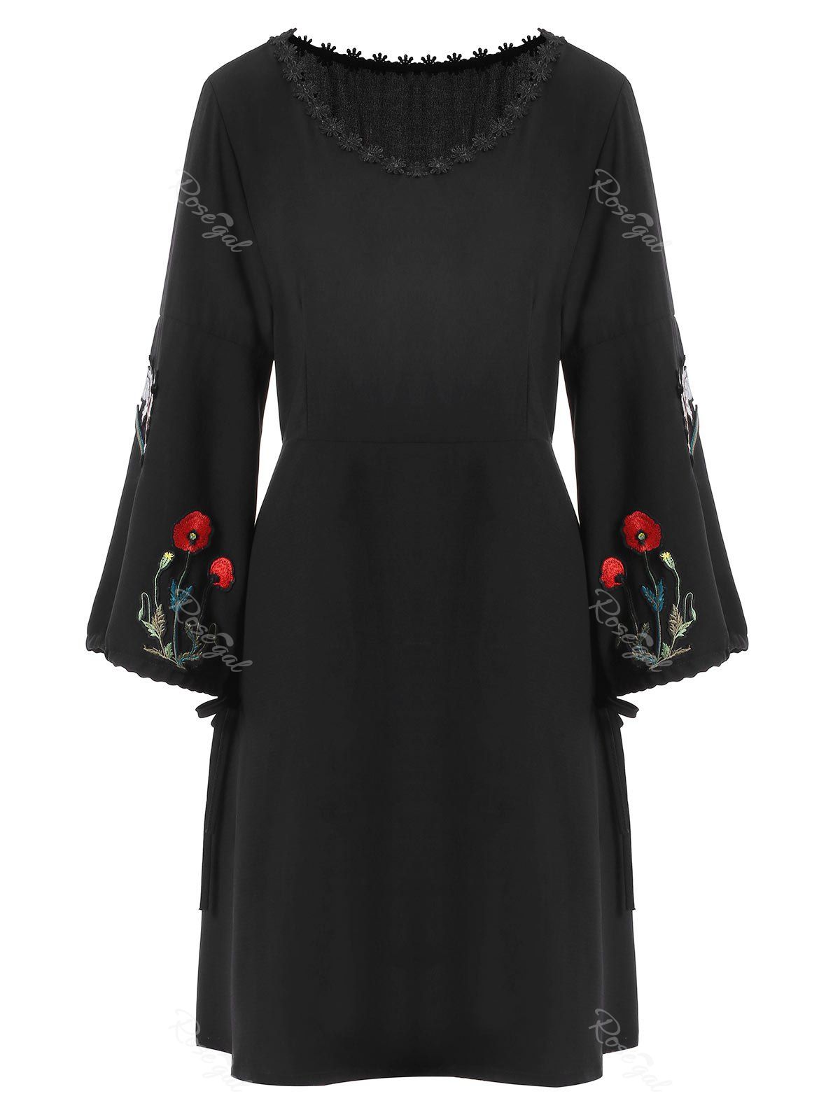 

Plus Size V Neck Floral Embroidered Dress, Black