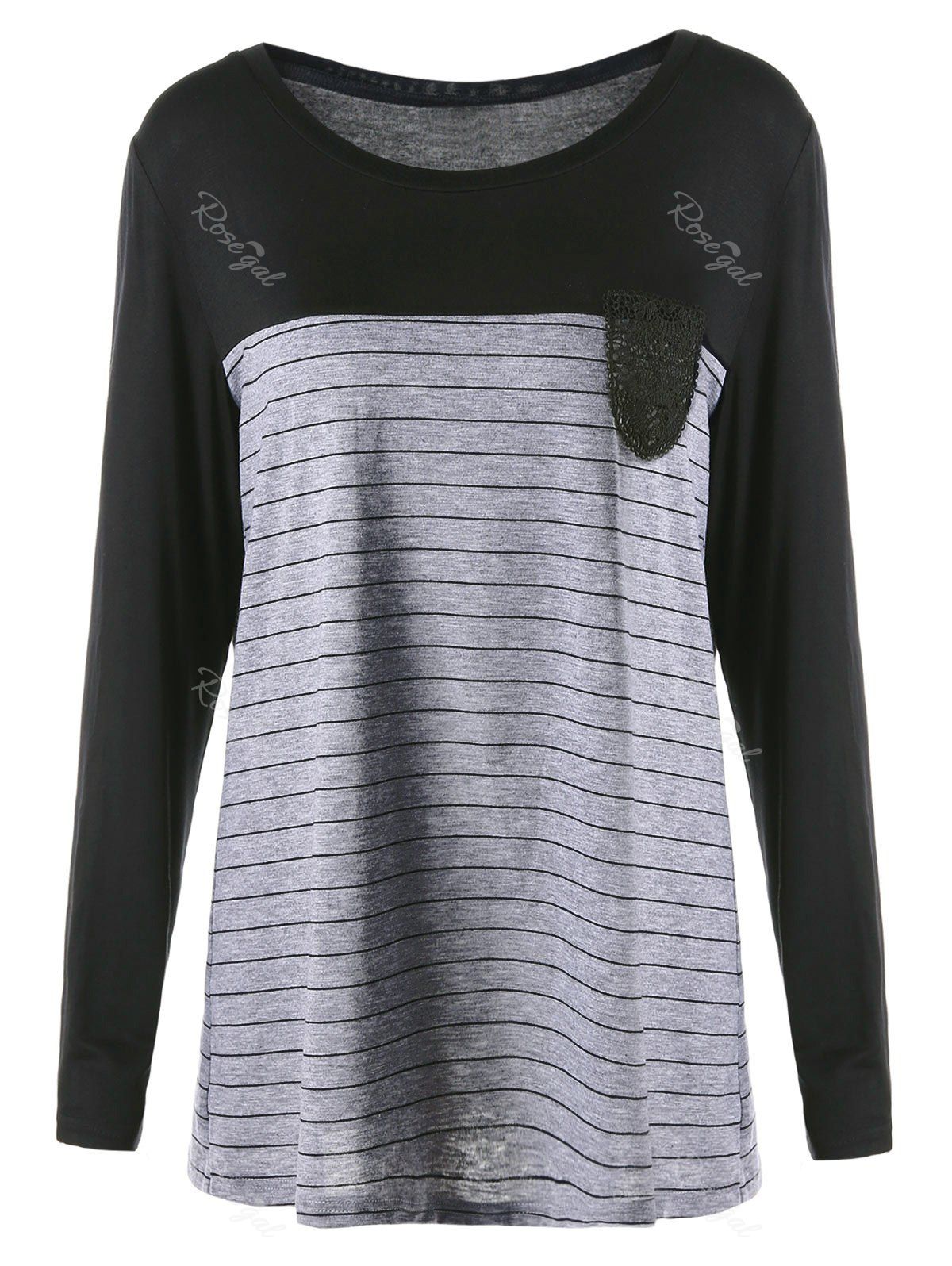 

Plus Size Crochet Pocket Striped Top, Black