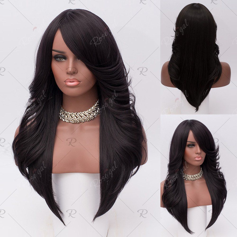 

Long Inclined Bang Feathered Straight Synthetic Wig, Black